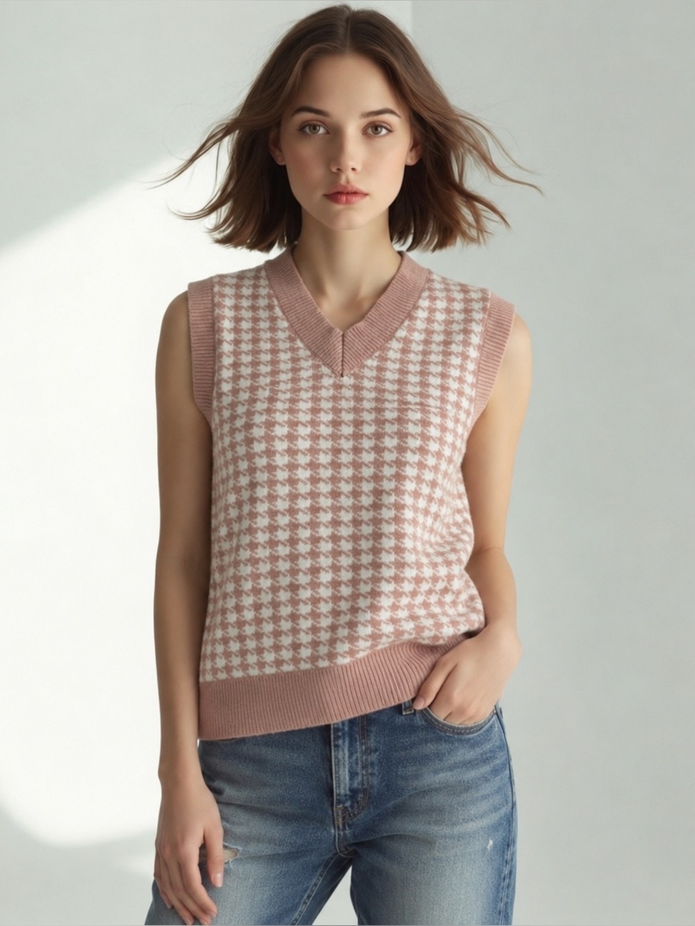 ROMWE Pink Houndstooth Sweater Vest Preppy Coquette Soft Girl Knit Size S